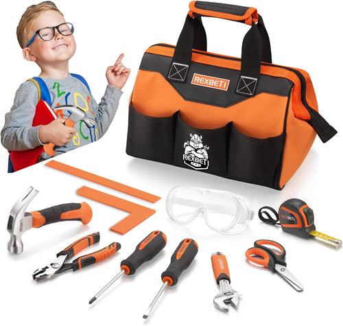 10-Piece Kids Tool Set with Real Hand Tools, Orange Durable Storage Bag, Children Learning Tool Kit for Home DIY and Woodworking, 6+ Years Old Birthday Gift