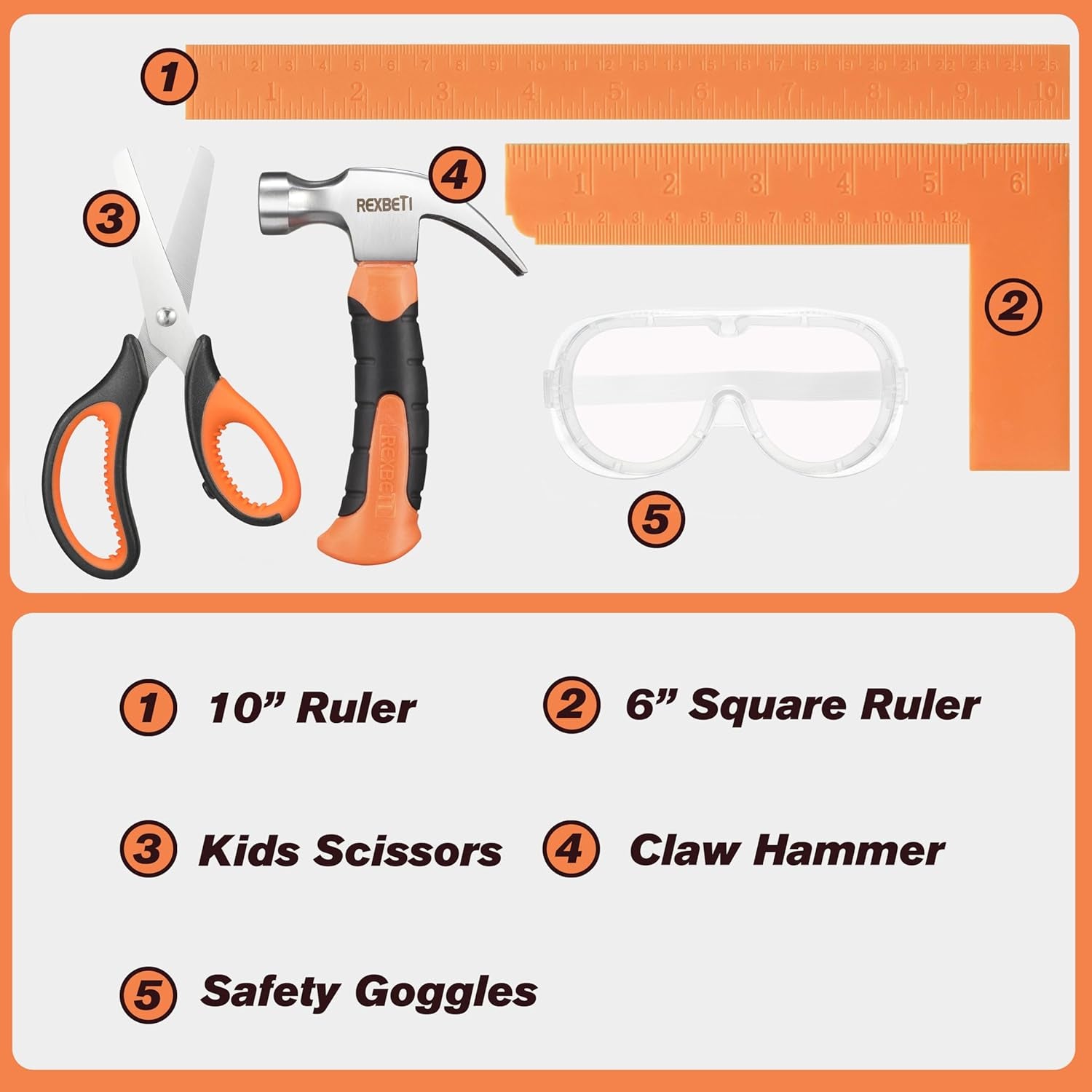 10-Piece Kids Tool Set with Real Hand Tools, Orange Durable Storage Bag, Children Learning Tool Kit for Home DIY and Woodworking, 6+ Years Old Birthday Gift