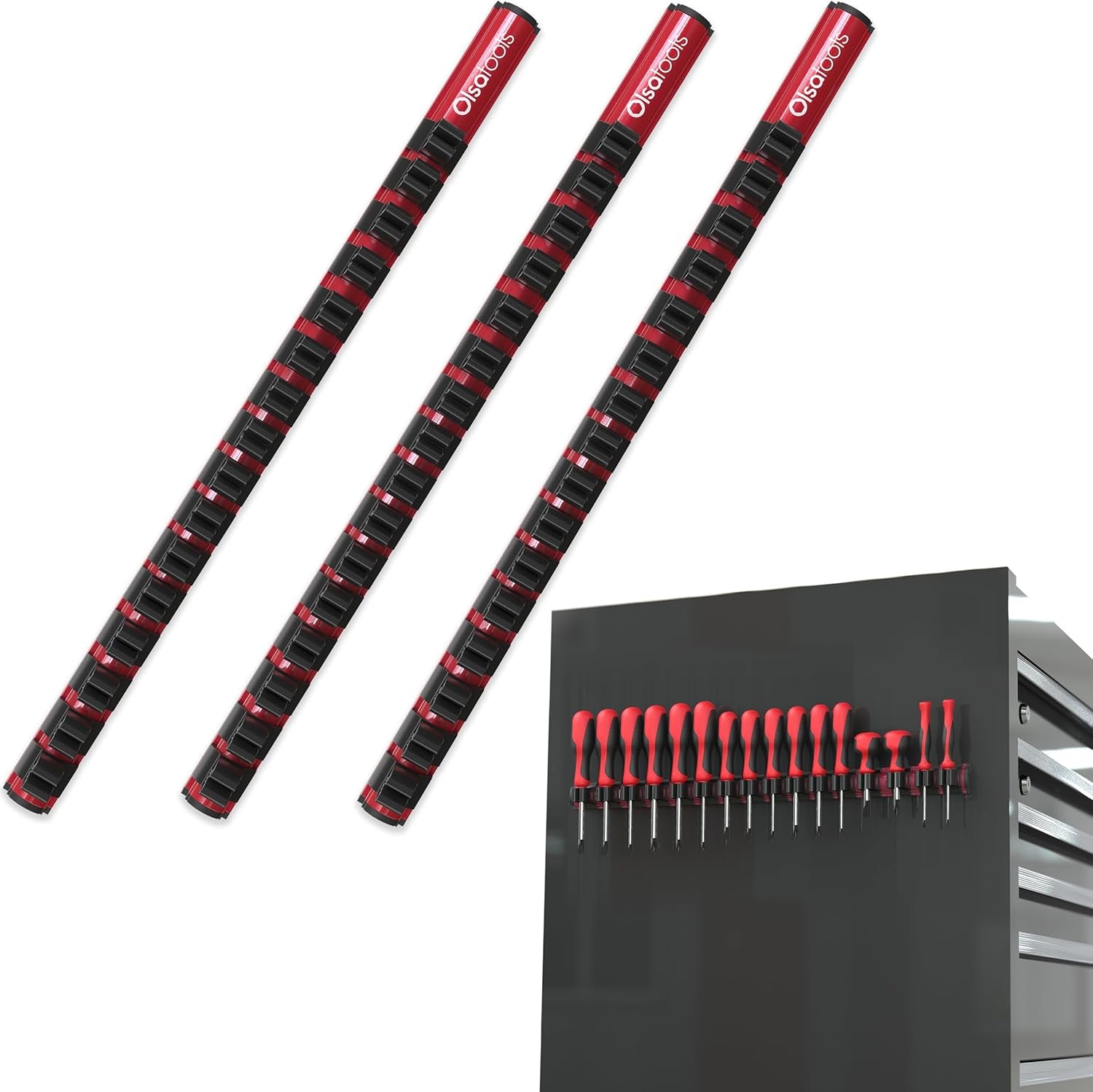 Magnetic Screwdriver Organizer - Screwdriver Holder with Strong Magnets and Foam Backing - Professional Tool Holder and Tool Organizer - Stores up to 16 Screwdrivers - Red - Part: 1008